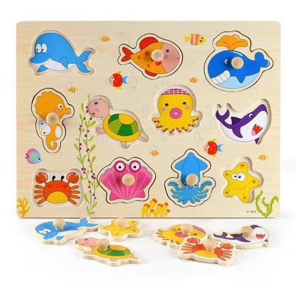 Stevvex Kids 3D Puzzle wooden toy set with colorful sea creatures on natural wood board on Tampa Home & Garden Store