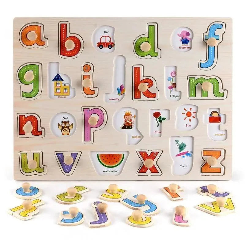 Wooden 3D alphabet puzzle for kids with colorful letter tiles and icons, 26 letters on Tampa Home & Garden Store