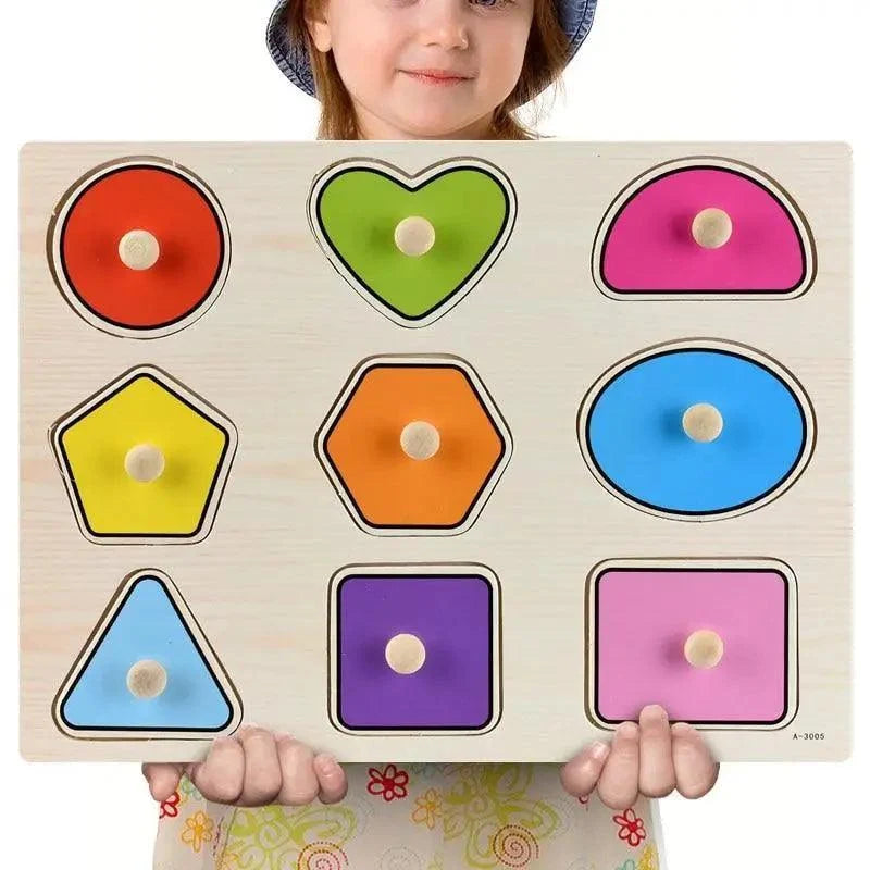 Stevvex wooden kids puzzle board with 9 colorful knobbed shapes for early learning on Tampa Home & Garden Store