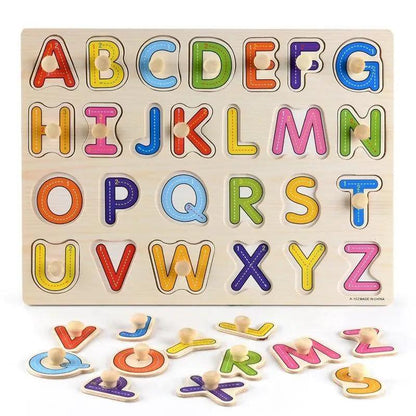 Kids 3D wooden alphabet puzzle by Stevvex with colorful letters and knobs for learning on Tampa Home & Garden Store