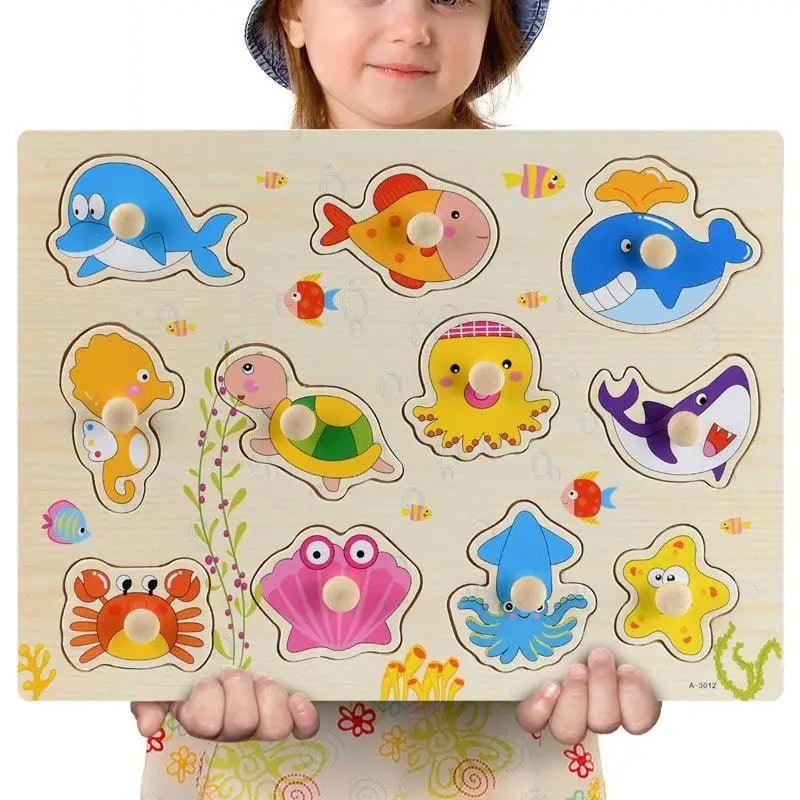 Stevvex kids wooden puzzle board with 10+ colorful sea creature shapes for early learning on Tampa Home & Garden Store