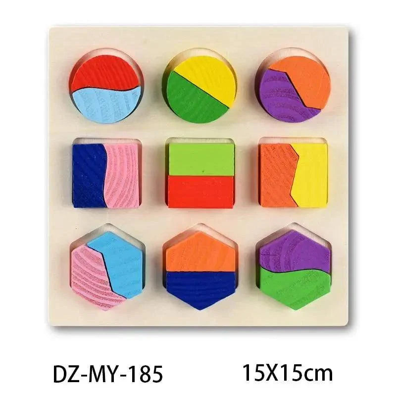 Kids 3D wooden puzzle by Stevvex with geometric shapes on 3x3 grid (round square hexagon) on Tampa Home & Garden Store