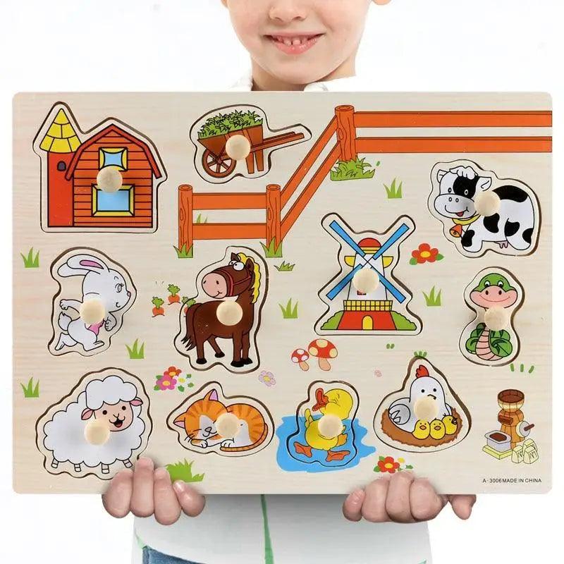 Kids wooden 3D puzzle board with colorful farm animals and shapes for early learning on Tampa Home & Garden Store