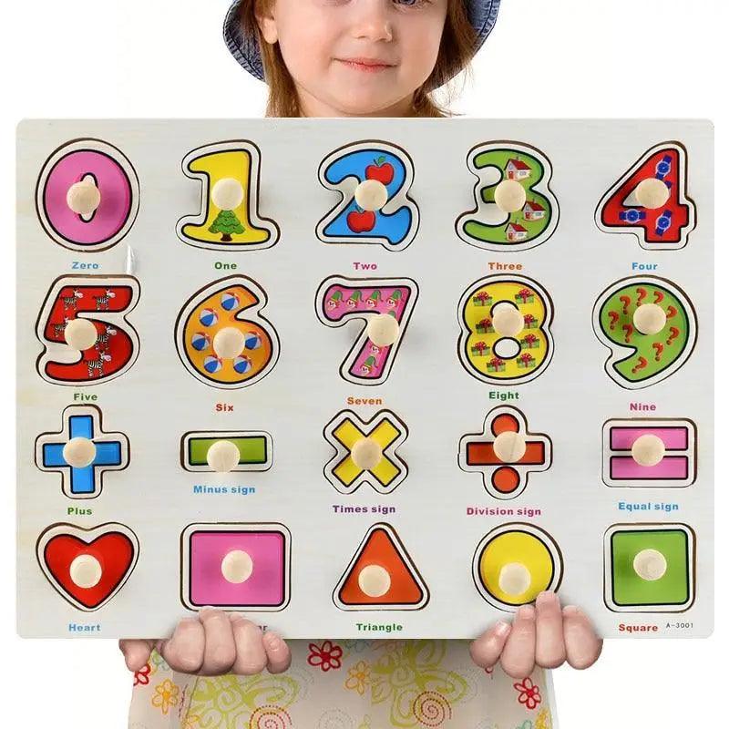 Kids 3D Wooden Puzzle Board with colorful digits 0–9 and geometric shapes by Stevvex on Tampa Home & Garden Store
