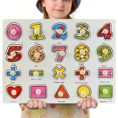 Kids 3D Wooden Puzzle Board with colorful digits 0–9 and geometric shapes by Stevvex on Tampa Home & Garden Store