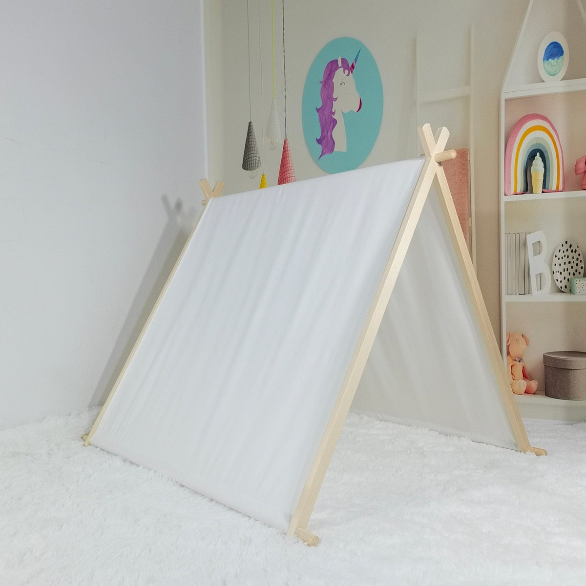 Kids A-Frame Sleepover Tents with Lights 4 pack, white canvas on wood frames on Tampa Home & Garden Store