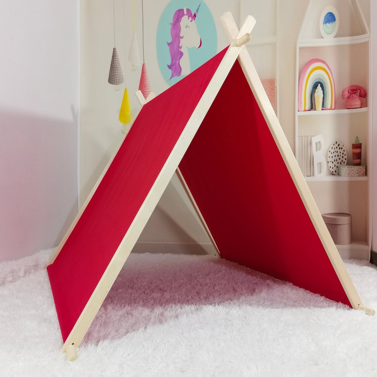 Kids A-Frame Sleepover Tent with Lights by Chicky Chicky Bling Bling, red fabric play tent on Tampa Home & Garden Store