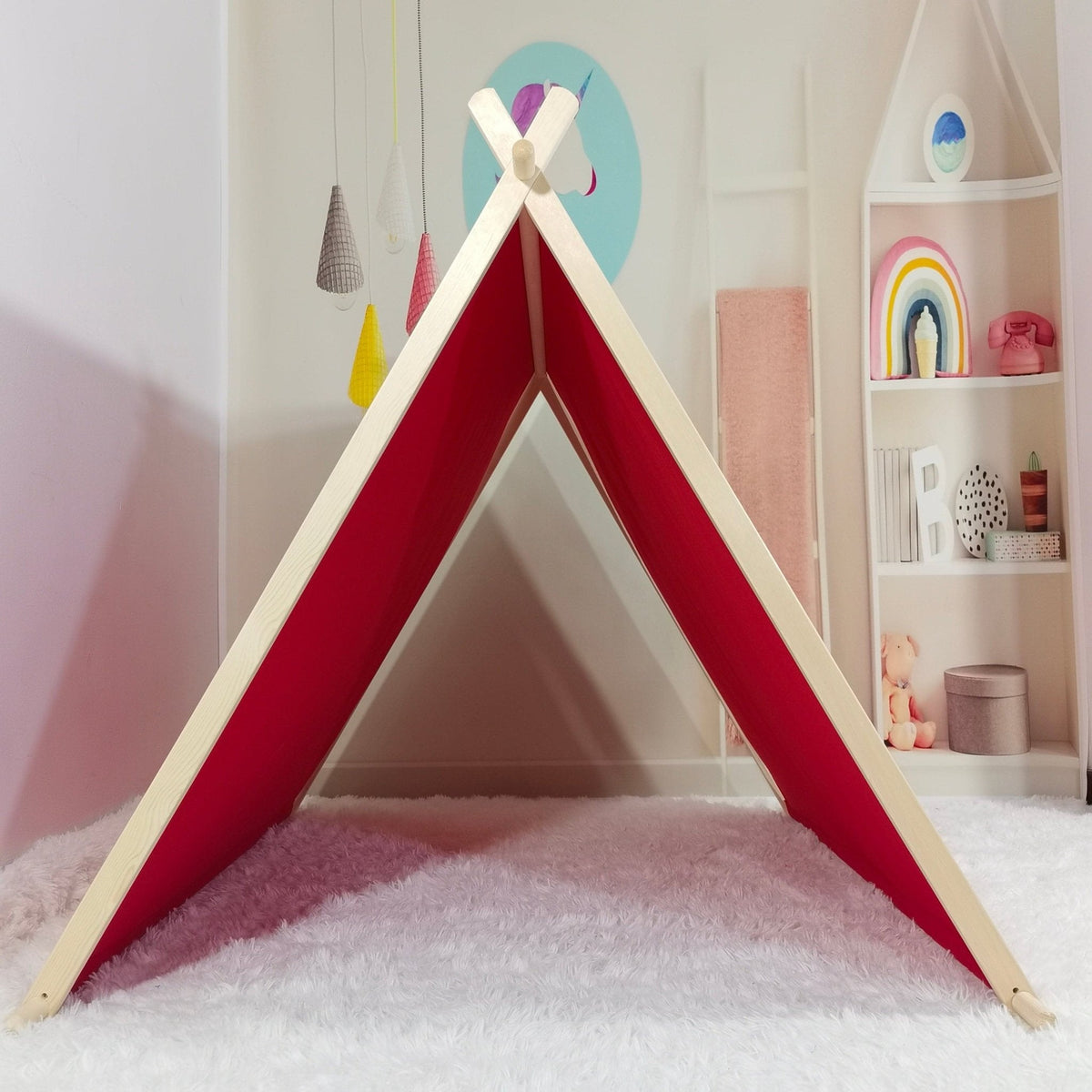 Chicky Chicky Bling Bling Kids A-Frame Play Tent with red fabric panels and natural wood frame on Tampa Home & Garden Store