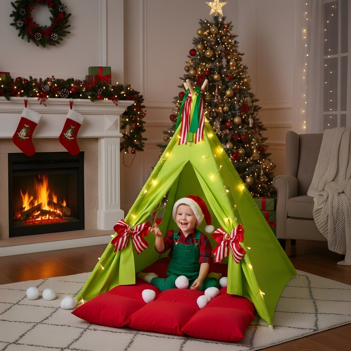 Kids Christmas Gifts Set - Play Tent & Slumber Party Bundle with lights, child in Santa hat on Tampa Home & Garden Store