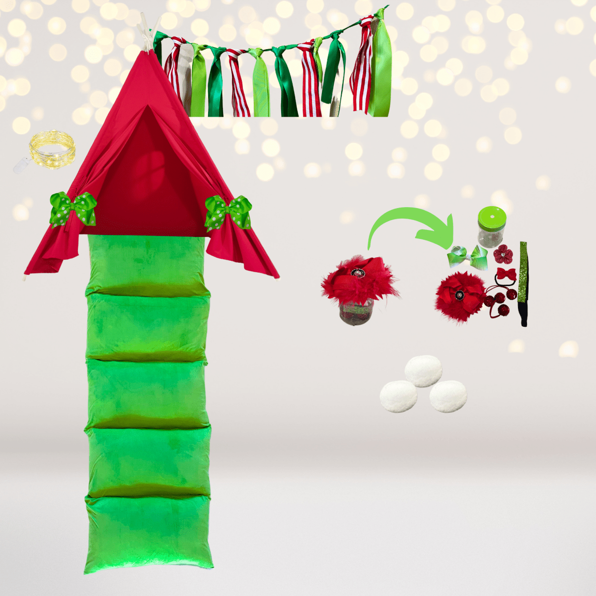 Play Set: Kids Christmas Tent with red canopy and green cushions pretend props by Chicky Bling on Tampa Home & Garden Store