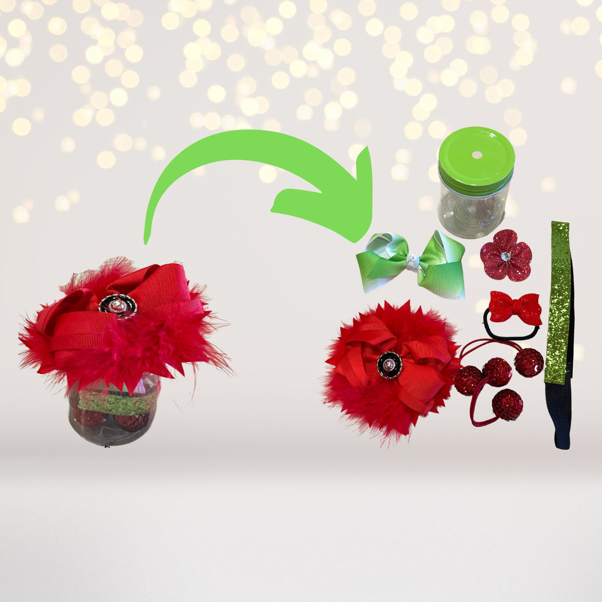 Kids Christmas Gifts Set pretend play bundle with red ribbons, glitter flowers, and lime accents on Tampa Home & Garden Store