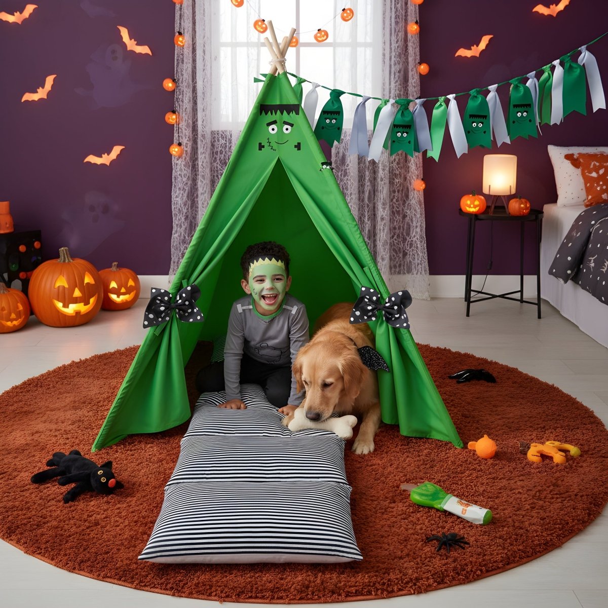 Kids Frankenstein Halloween Gift Set pretend play tent green with bow ties and face paint on Tampa Home & Garden Store