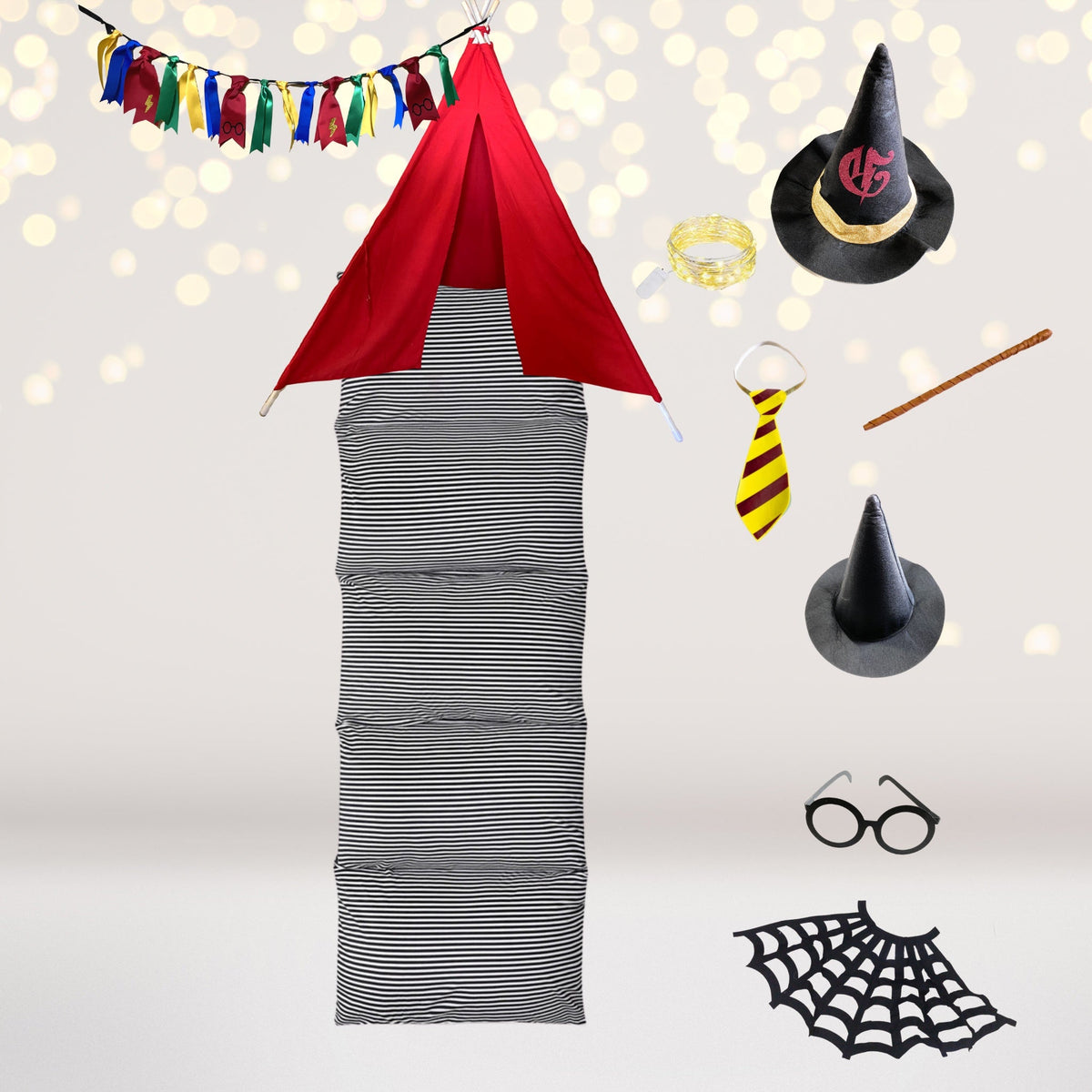 Wizard Academy Teepee Play Set with red teepee, striped base, pennant garland and witch hat on Tampa Home & Garden Store