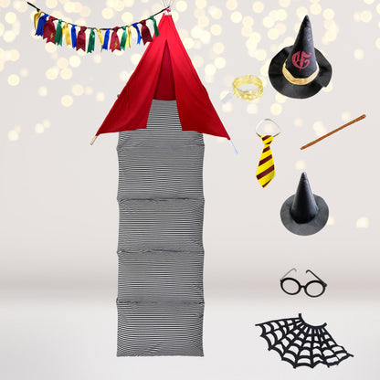Wizard Academy Teepee Play Set with red teepee, striped base, pennant garland and witch hat on Tampa Home & Garden Store