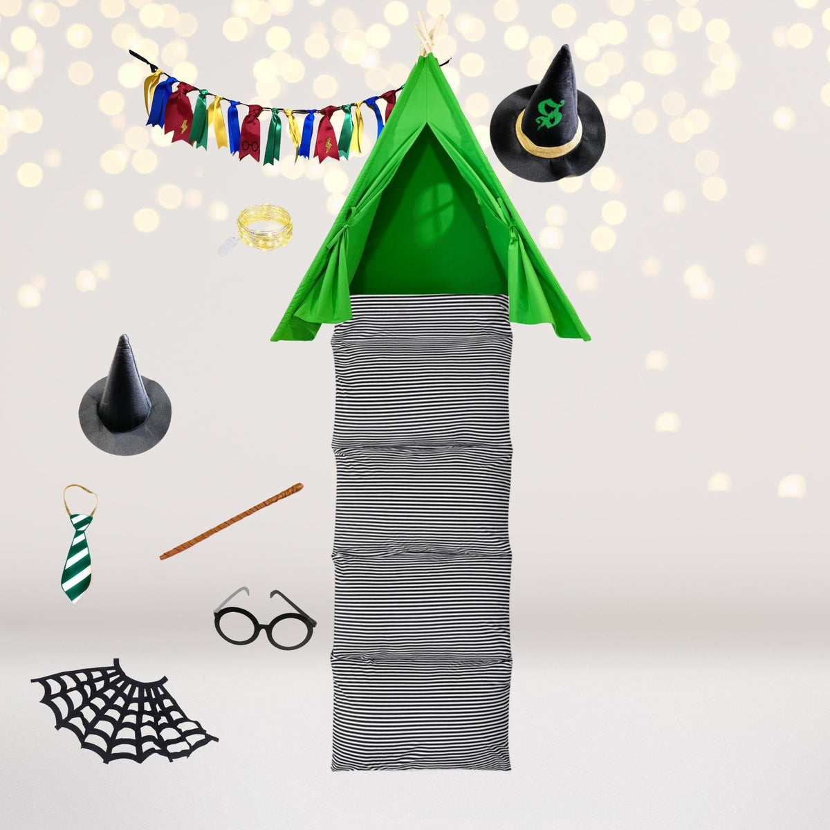 Wizard Academy Teepee Tent Play Set green teepee with striped base and colorful pennant banner on Tampa Home & Garden Store