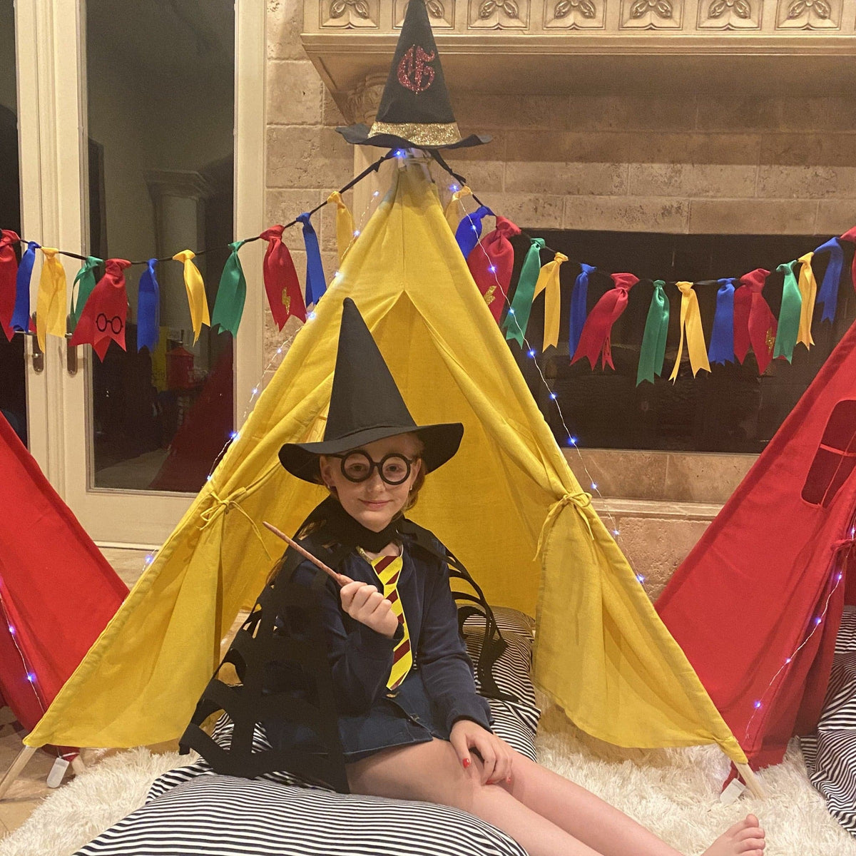 Wizard Academy Teepee Tent Play Set by Chicky Chicky Bling Bling, yellow teepee with black trim for pretend play on Tampa Home & Garden Store