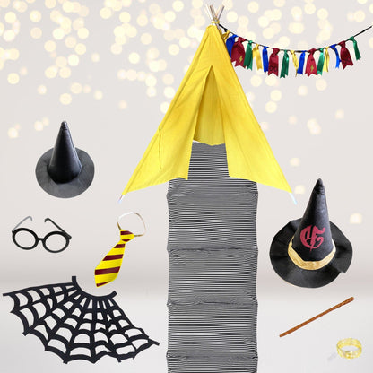 Wizard Academy Teepee Tent Play Set, yellow teepee with striped outfit and pennant banner on Tampa Home & Garden Store