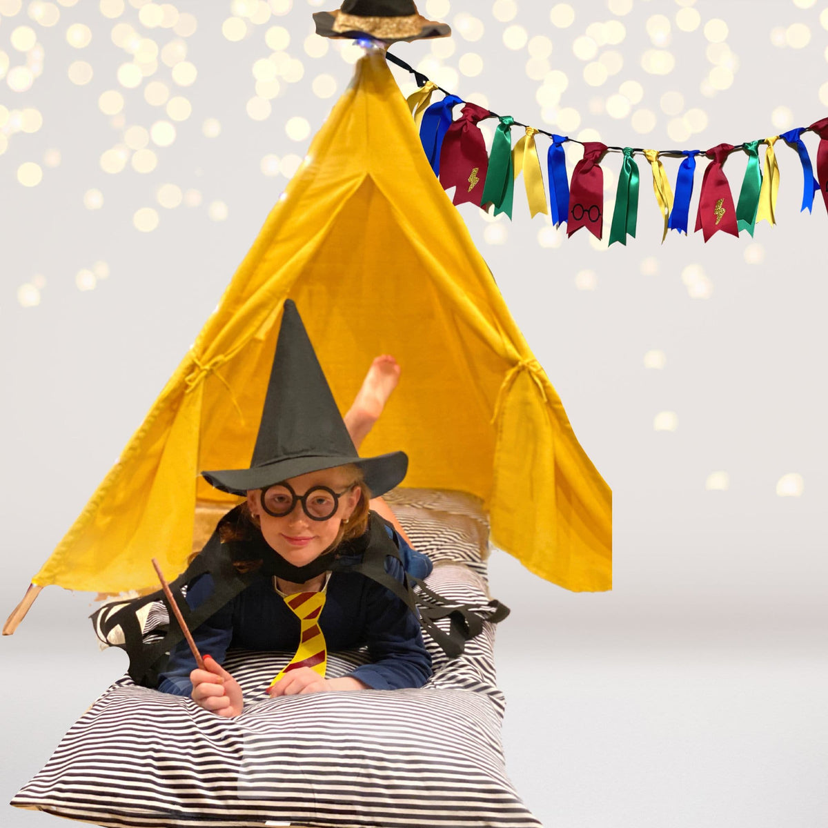 Wizard Academy Teepee Play Set, yellow fabric teepee with pennant banner and wizard hats on Tampa Home & Garden Store