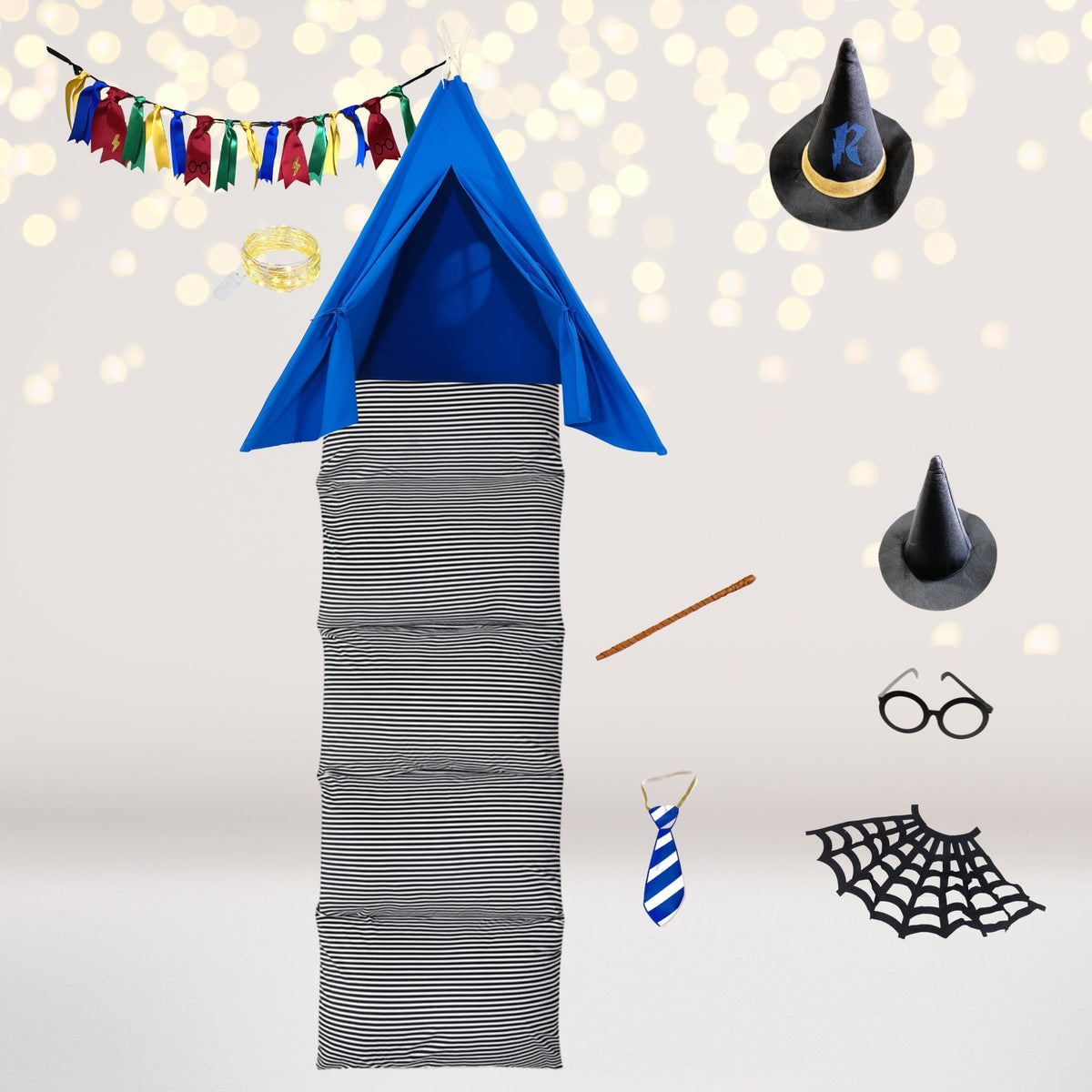 Wizard Academy Teepee Tent Play Set blue fabric with striped cushion for pretend play on Tampa Home & Garden Store