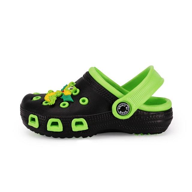Stevvex kids slippers black with neon lime green strap and frog design anti-slip clogs on Tampa Home & Garden Store