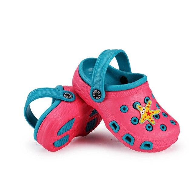 Stevvex kids pink and teal clogs with starfish decor, ventilation holes, two sandals shown on Tampa Home & Garden Store
