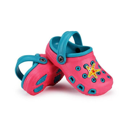 Stevvex kids pink and teal clogs with starfish decor, ventilation holes, two sandals shown on Tampa Home & Garden Store
