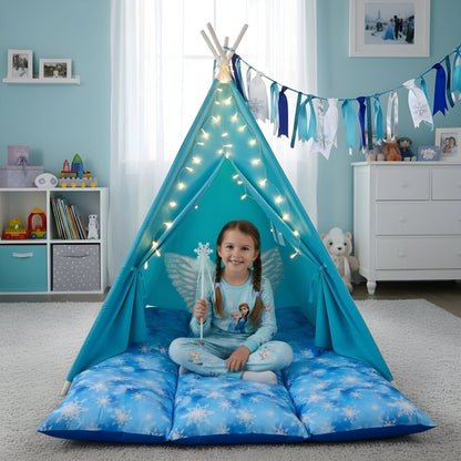 Play Set: Kids Snowflake Teepee Gift Set & Winter Wonderland Play Tent in turquoise with lights on Tampa Home & Garden Store
