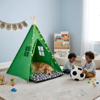 Kids soccer tent play set in a green teepee with windows and lights; kids with a soccer ball on Tampa Home & Garden Store
