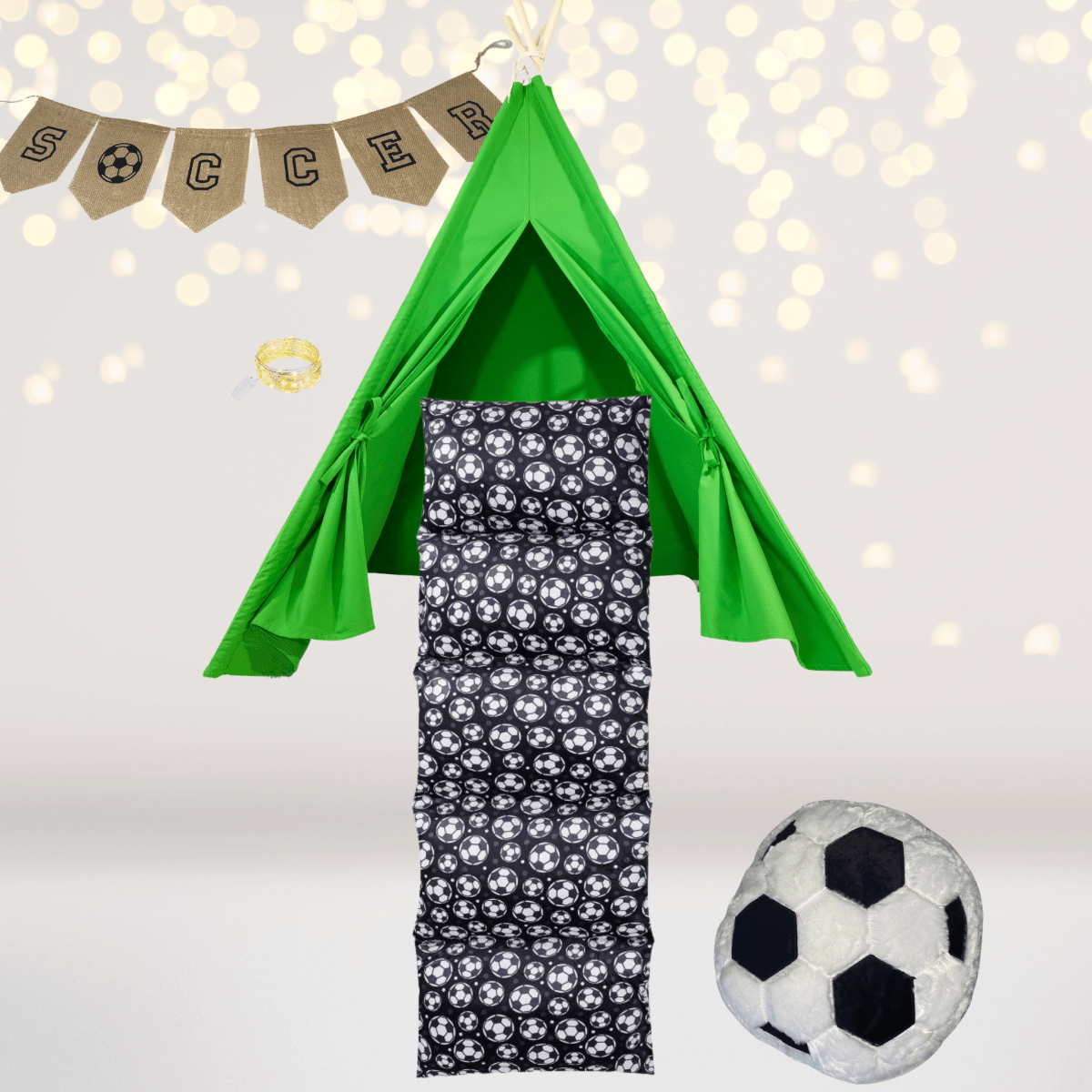 Kids soccer play tent set in green with black soccer ball cushions Chicky Chicky Bling Bling on Tampa Home & Garden Store