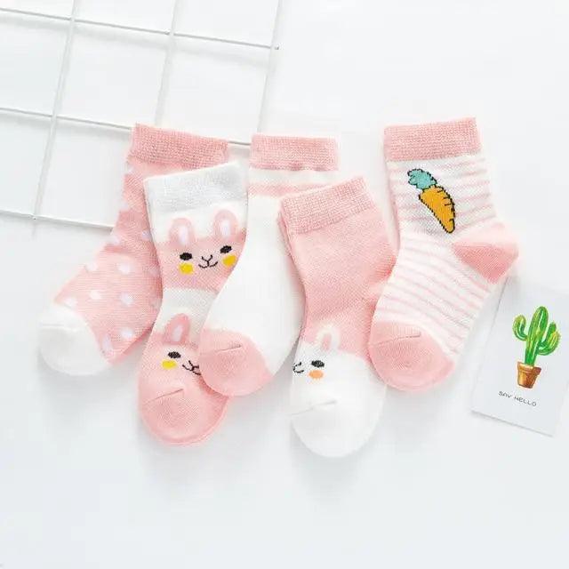 Stevvex kids cotton cartoon animal crew socks pink and white with bunny faces and carrot detail on Tampa Home & Garden Store
