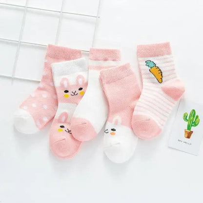 Stevvex kids cotton cartoon animal crew socks pink and white with bunny faces and carrot detail on Tampa Home & Garden Store