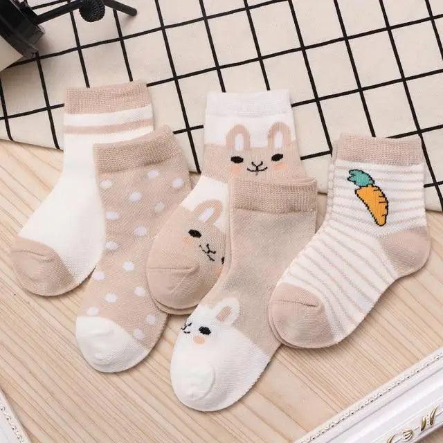 Stevvex kids cotton cartoon animal socks set, 5 beige/cream pairs with bunny and carrot designs on Tampa Home & Garden Store