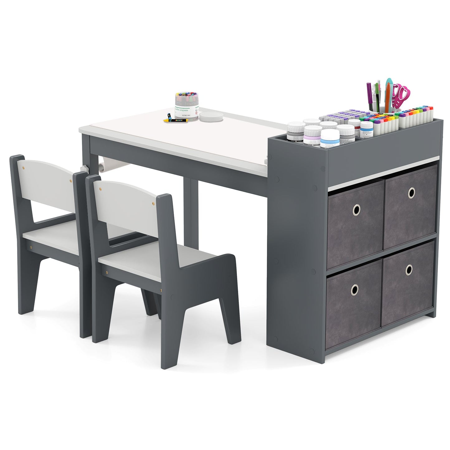 Kids Art Table and Chairs Set with 2 Chairs and Paper Roll - Tampa Home & Garden Store