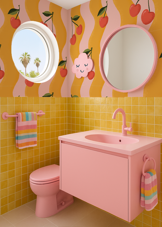 Wavy Cherry Wallpaper, pink and yellow - Tampa Home & Garden Store