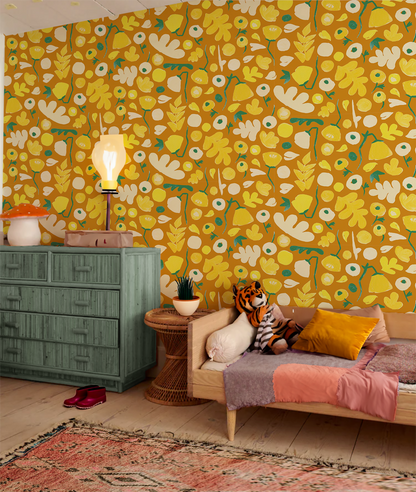 Papier peint floral Henri, or jaune