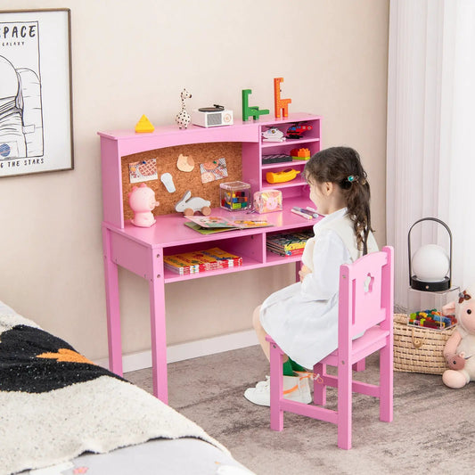 DirectDeals Kids Desk and Chair Set With Hutch for Three Kids pink with corkboard and shelves on Tampa Home & Garden Store