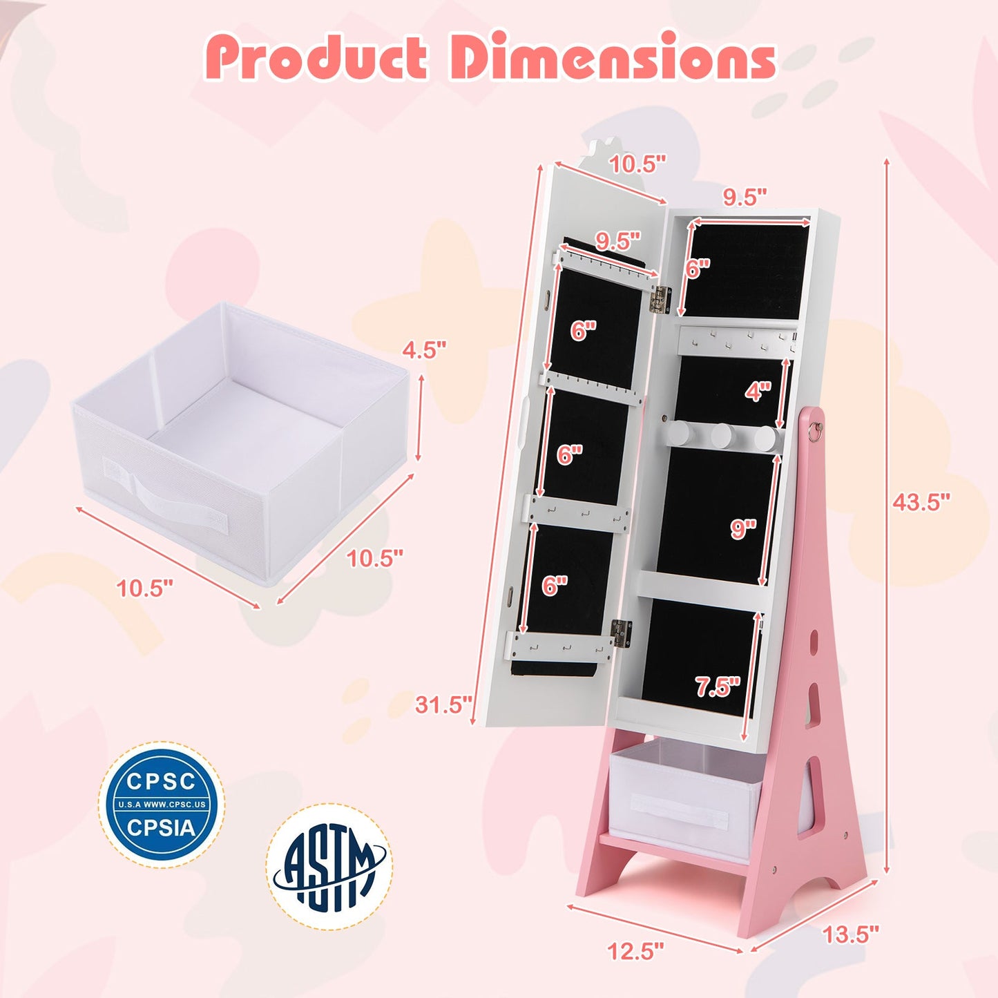 Kids Jewelry Cabinet with Full-Length Mirror and Foldable Drawer-White