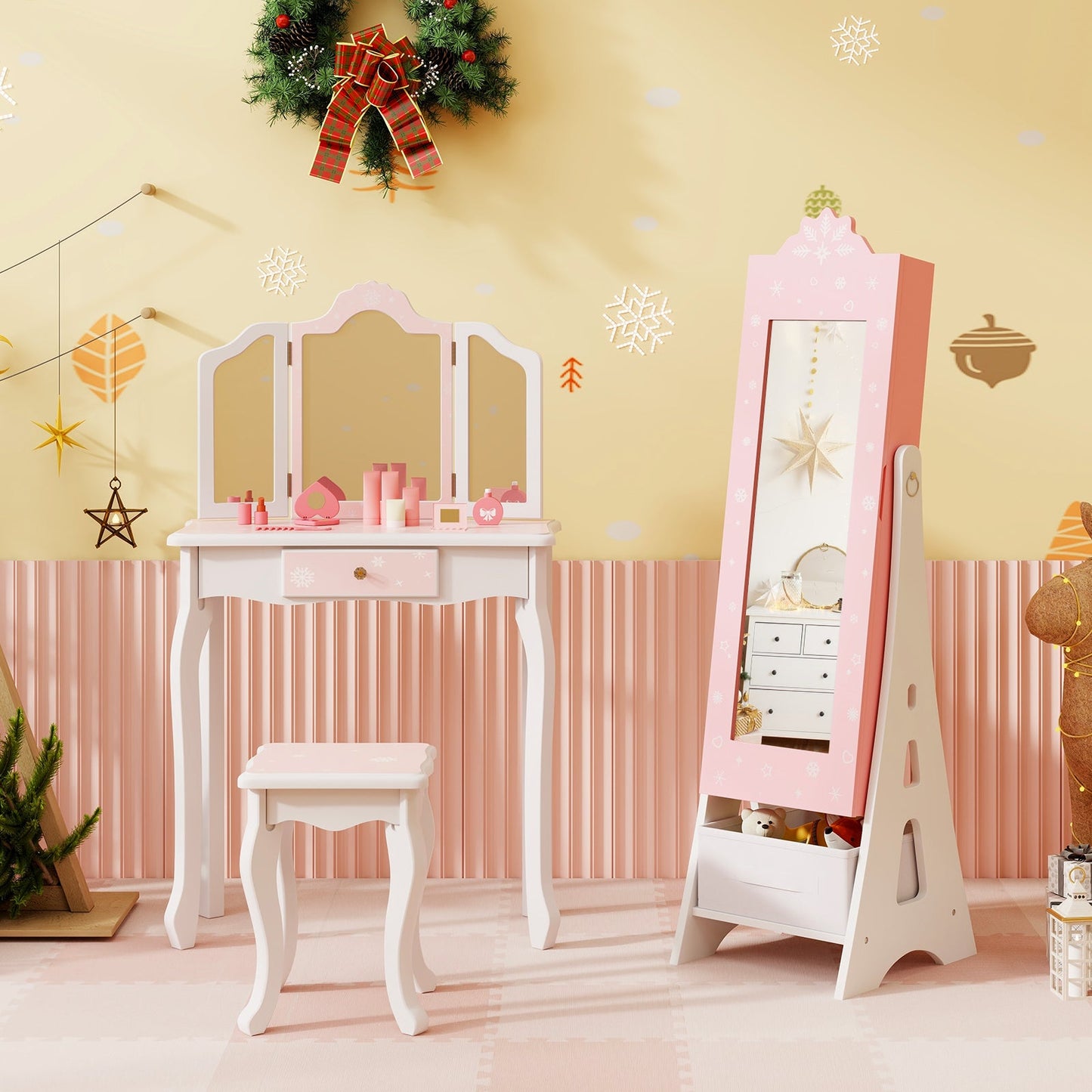 Kids Jewelry Cabinet with Full-Length Mirror and Foldable Drawer-Pink
