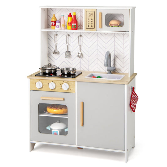 Kids Kitchen Playset with Lights Sounds Microwave Stoves Sink Oven and Cooking Accessories-White - Tampa Home & Garden Store