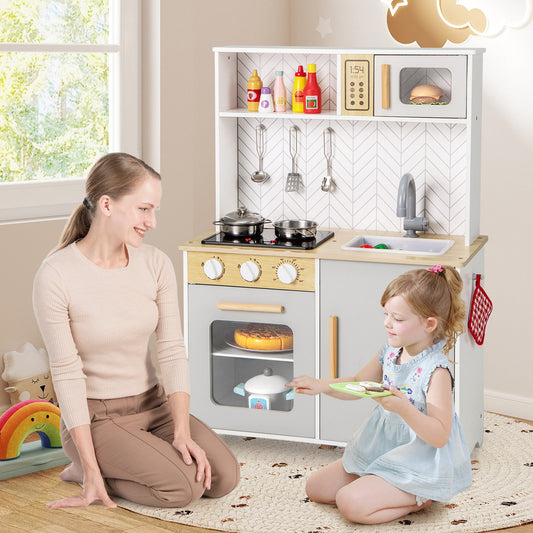 Kids Kitchen Playset with Lights Sounds Microwave Stoves Sink Oven and Cooking Accessories-White - Tampa Home & Garden Store