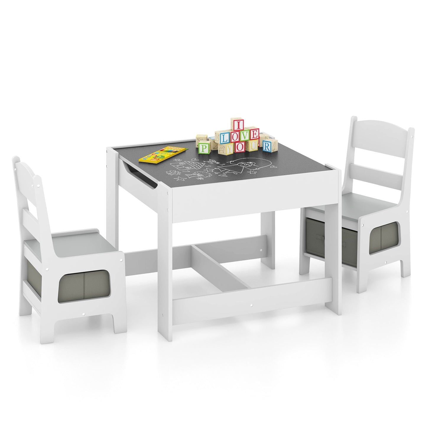 Kids Table Chairs Set With Storage Boxes Blackboard Whiteboard Drawing