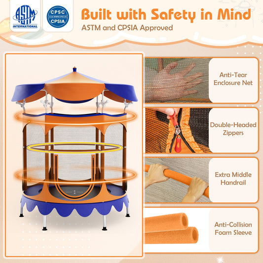 64 Inch Kids Trampoline with Detachable Canopy and Safety Enclosure Net-Orange - Tampa Home & Garden Store