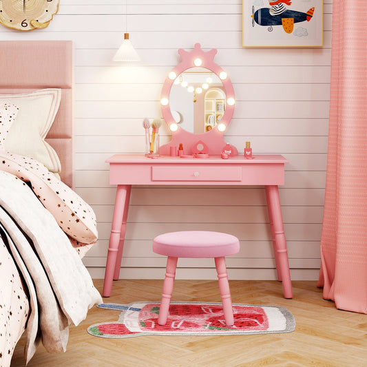 Kids Vanity Set with Lighted Mirror with Adjustable Brightness and Large Drawer