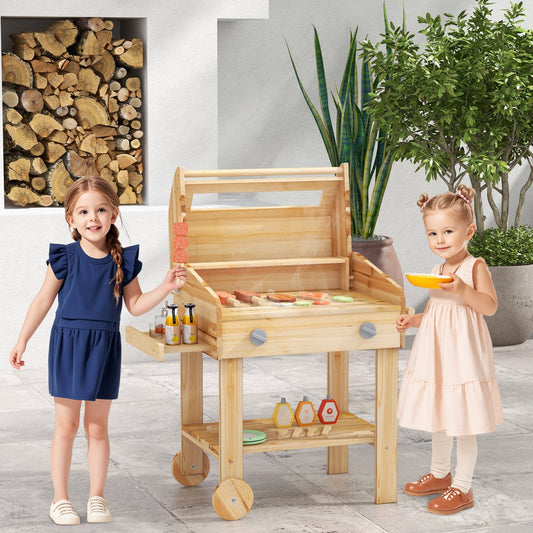 Kids Wooden Barbecue Grill Playset Pretend Kitchen with Food and Wheels-Natural - Tampa Home & Garden Store