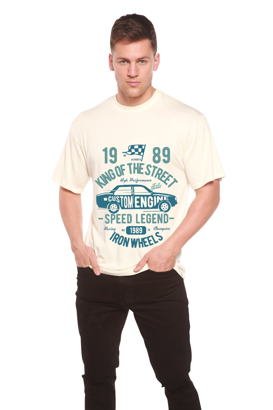 King Of The Street men's bamboo viscose/organic cotton tee cream with blue car print Spun Bamboo on Tampa Home & Garden Store