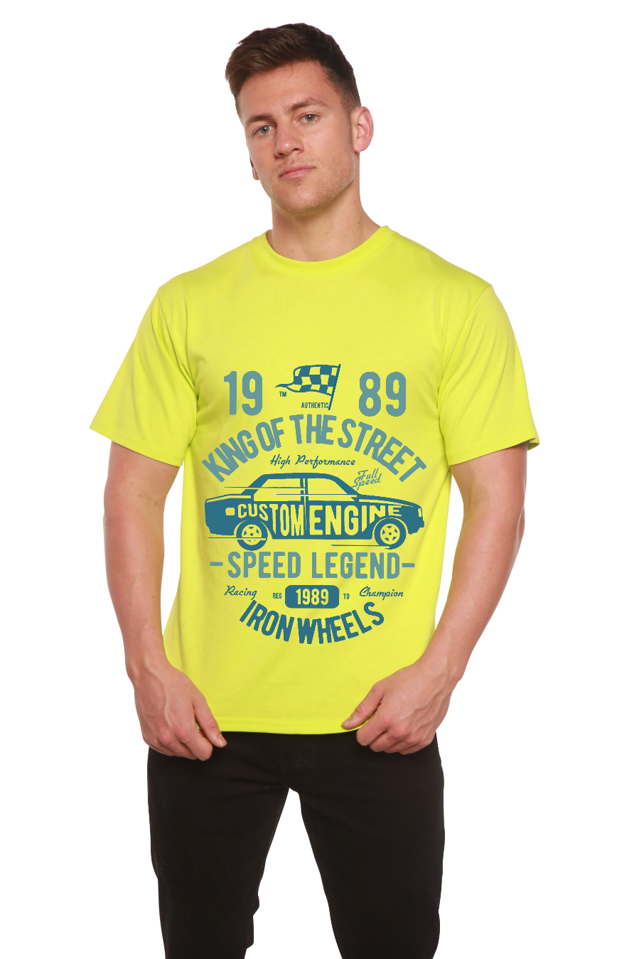 King Of The Street graphic T-shirt neon yellow bamboo viscose blend with blue print Spun Bamboo on Tampa Home & Garden Store