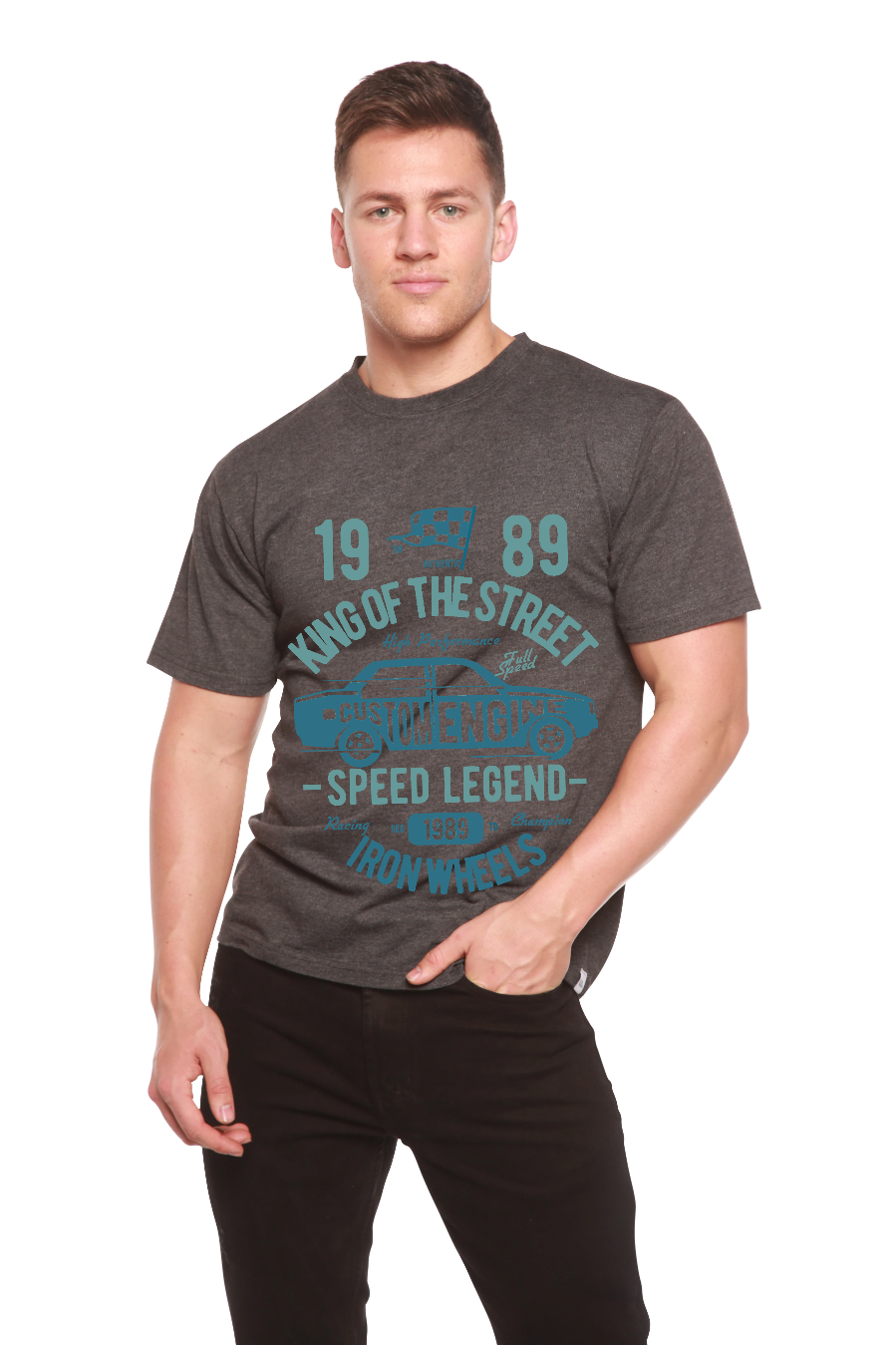 King Of The Street men's bamboo viscose/organic cotton tee in charcoal teal print by Spun Bamboo on Tampa Home & Garden Store