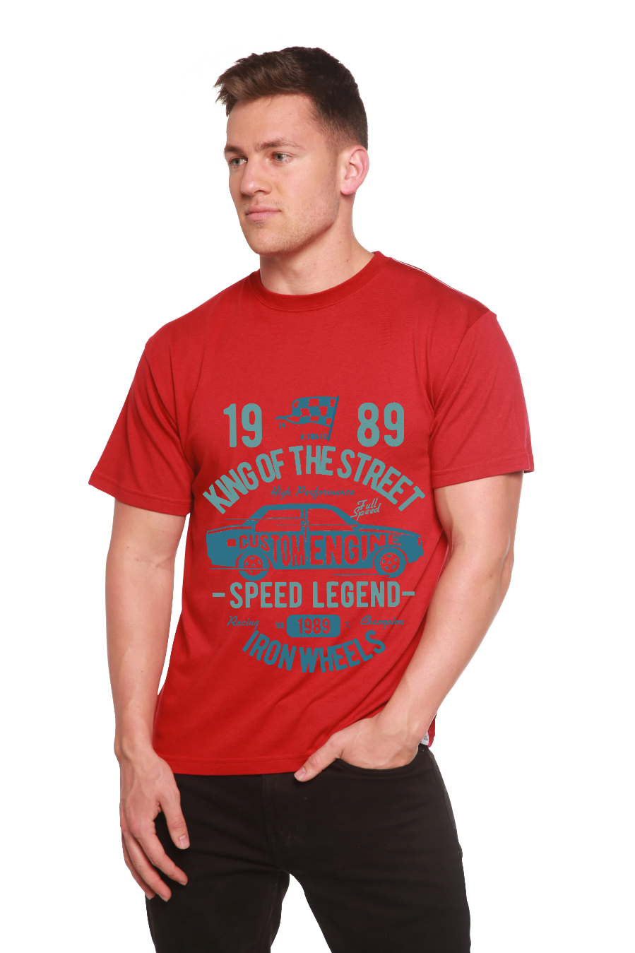 King Of The Street men's bamboo tee red with teal racecar graphic, short sleeve by Spun Bamboo on Tampa Home & Garden Store