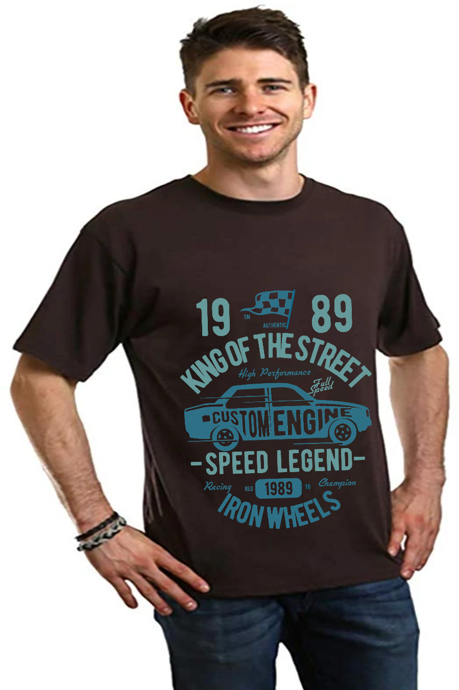 King Of The Street men's bamboo graphic tee teal car print on dark brown by Spun Bamboo on Tampa Home & Garden Store