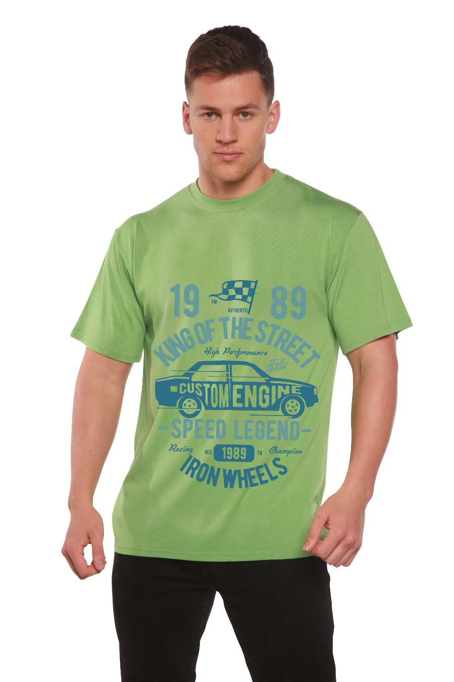 King Of The Street men's bamboo tee lime green with blue race car graphic on Tampa Home & Garden Store